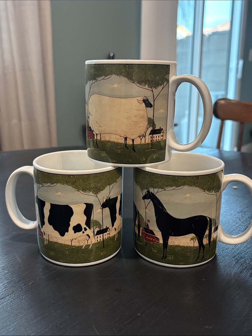 VTG Warren Kimble Sakura Animal Collection Mugs Set of 3 Cow Horse Pig Folk Art